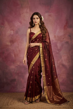 Chandani Chanderi ~ Handwoven Pure Silk Chanderi Saree In Brown - Govt. Silk Mark Certified - verymuchindian.com