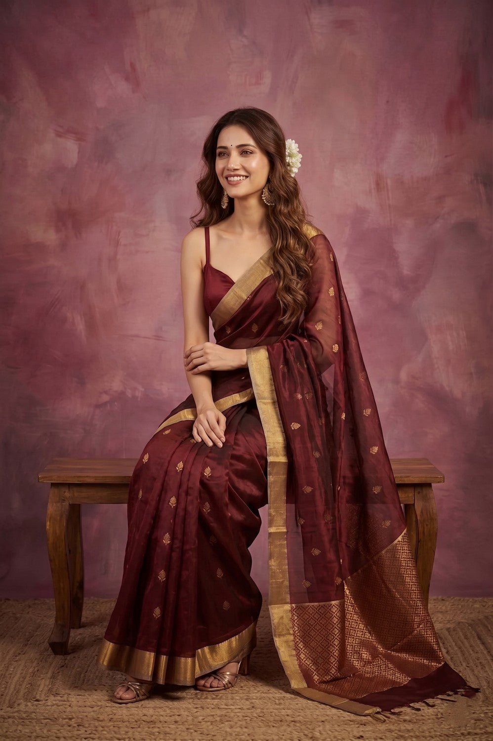 Chandani Chanderi ~ Handwoven Pure Silk Chanderi Saree In Brown - Govt. Silk Mark Certified - verymuchindian.com