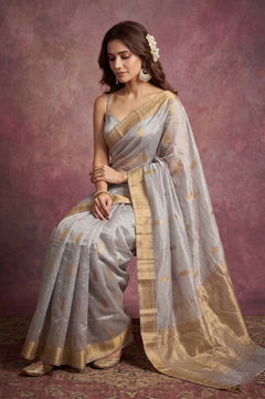 Chandani Chanderi ~ Handwoven Pure Silk Chanderi Saree In Cloud Gray - Govt. Silk Mark Certified - verymuchindian.com