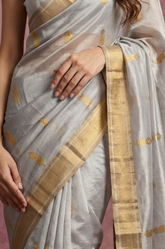 Chandani Chanderi ~ Handwoven Pure Silk Chanderi Saree In Cloud Gray - Govt. Silk Mark Certified - verymuchindian.com