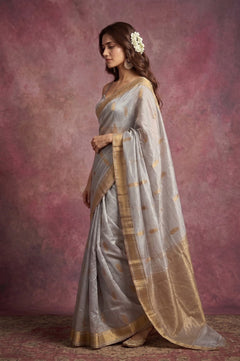 Chandani Chanderi ~ Handwoven Pure Silk Chanderi Saree In Cloud Gray - Govt. Silk Mark Certified - verymuchindian.com