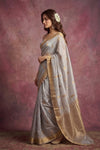 Chandani Chanderi ~ Handwoven Pure Silk Chanderi Saree In Cloud Gray - Govt. Silk Mark Certified - verymuchindian.com