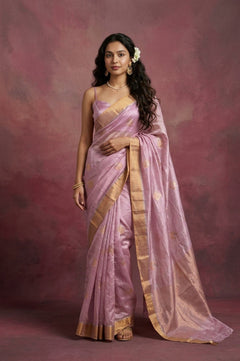 Chandani Chanderi ~ Handwoven Pure Silk Chanderi Saree In Dual tone Soft Pink - Govt. Silk Mark Certified - verymuchindian.com