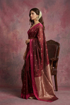 Chandani Chanderi ~ Handwoven Pure Silk Chanderi Saree In Maroon - Govt. Silk Mark Certified - verymuchindian.com
