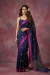 Chandani Chanderi ~ Handwoven Pure Silk Chanderi Saree In Navy Blue - Govt. Silk Mark Certified - verymuchindian.com