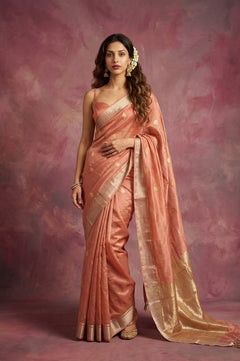 Chandani Chanderi ~ Handwoven Pure Silk Chanderi Saree In Peach Orange - Govt. Silk Mark Certified - verymuchindian.com