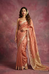 Chandani Chanderi ~ Handwoven Pure Silk Chanderi Saree In Peach Orange - Govt. Silk Mark Certified - verymuchindian.com