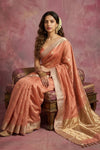 Chandani Chanderi ~ Handwoven Pure Silk Chanderi Saree In Peach Orange - Govt. Silk Mark Certified - verymuchindian.com