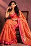 Chandani Chanderi ~ Handwoven Pure Silk Chanderi Saree In Peachy Orange - Govt. Silk Mark Certified - verymuchindian.com