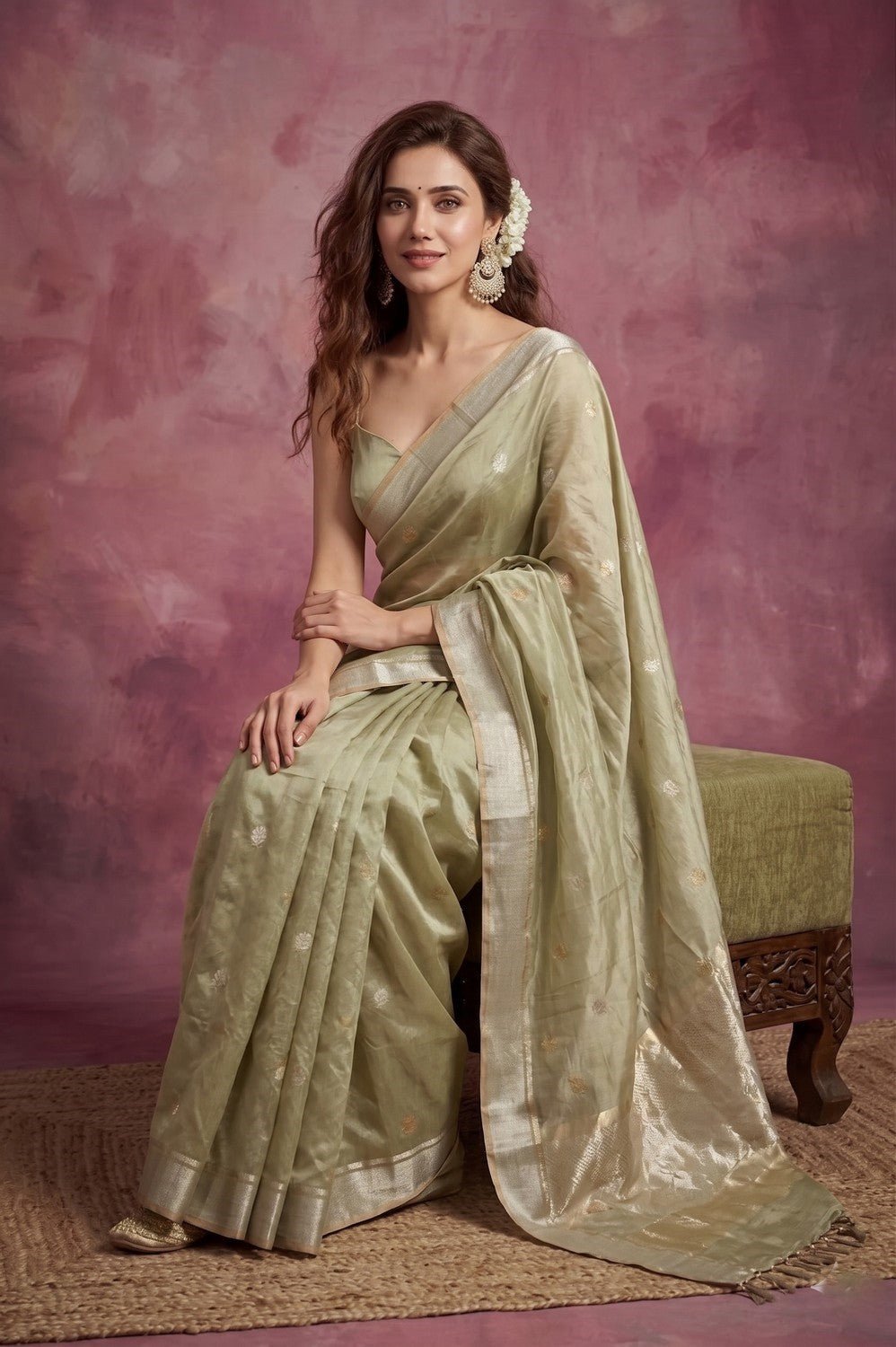 Chandani Chanderi ~ Handwoven Pure Silk Chanderi Saree In Sage Green - Govt. Silk Mark Certified - verymuchindian.com