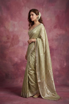 Chandani Chanderi ~ Handwoven Pure Silk Chanderi Saree In Sage Green - Govt. Silk Mark Certified - verymuchindian.com