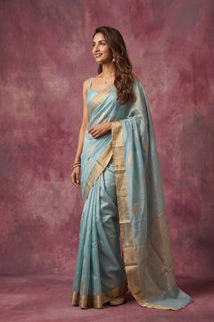 Chandani Chanderi ~ Handwoven Pure Silk Chanderi Saree In Sky Blue - Govt. Silk Mark Certified - verymuchindian.com