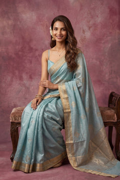 Chandani Chanderi ~ Handwoven Pure Silk Chanderi Saree In Sky Blue - Govt. Silk Mark Certified - verymuchindian.com
