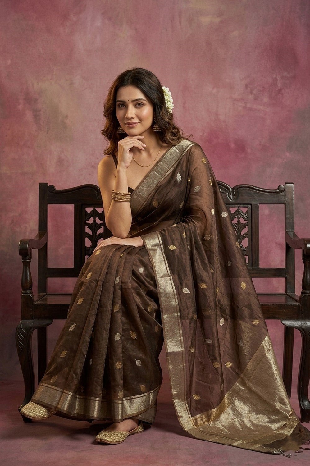Chandani Chanderi ~ Handwoven Pure Silk Chanderi Saree In Taupe Brown - Govt. Silk Mark Certified - verymuchindian.com