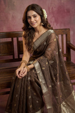 Chandani Chanderi ~ Handwoven Pure Silk Chanderi Saree In Taupe Brown - Govt. Silk Mark Certified - verymuchindian.com