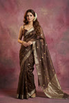Chandani Chanderi ~ Handwoven Pure Silk Chanderi Saree In Taupe Brown - Govt. Silk Mark Certified - verymuchindian.com