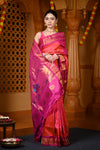 Chandrakor Durva Premium~ Handloom Pure Silk Paithani Maharani Pallu in Dual Tone Orange Pink - verymuchindian.com