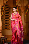 Chandrakor Durva Premium~ Handloom Pure Silk Paithani Maharani Pallu in Dual Tone Orange Pink - verymuchindian.com