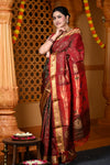 Chandrakor Durva Premium~ Handloom Pure Silk Paithani with Maharani Pallu in Dual Tone Red Green - verymuchindian.com