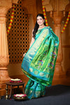 Chandrakor Durva Premium~ Handloom Pure Silk Paithani with Maharani Pallu in Turquoise Blue - verymuchindian.com
