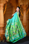 Chandrakor Durva Premium~ Handloom Pure Silk Paithani with Maharani Pallu in Turquoise Blue - verymuchindian.com