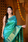 Chandrakor Durva Premium~ Handloom Pure Silk Paithani with Maharani Pallu in Turquoise Blue - verymuchindian.com