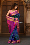Chandrakor ~ Handloom Pure Silk Maharani Paithani with Majestic Maharani Pallu in Peacock Blue - verymuchindian.com