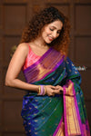 Chandrakor ~ Handloom Pure Silk Maharani Paithani with Majestic Maharani Pallu in Peacock Blue - verymuchindian.com