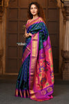 Chandrakor ~ Handloom Pure Silk Maharani Paithani with Majestic Maharani Pallu in Peacock Blue - verymuchindian.com