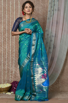 Chandrakor: Handloom Pure Silk Paithani Saree with Traditional Peacock Pallu ~ Cresent Blue (Available in Peacock Buttis) (Shipping in 15 days) - verymuchindian.com
