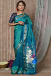 Chandrakor: Handloom Pure Silk Paithani Saree with Traditional Peacock Pallu ~ Cresent Blue (Available in Peacock Buttis) (Shipping in 15 days) - verymuchindian.com