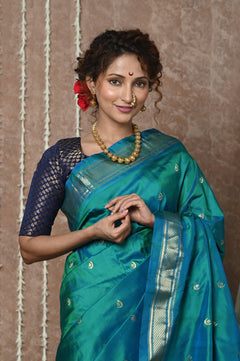 Chandrakor: Handloom Pure Silk Paithani Saree with Traditional Peacock Pallu ~ Cresent Blue (Available in Peacock Buttis) (Shipping in 15 days) - verymuchindian.com