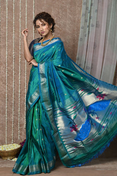 Chandrakor: Handloom Pure Silk Paithani Saree with Traditional Peacock Pallu ~ Cresent Blue (Available in Peacock Buttis) (Shipping in 15 days) - verymuchindian.com