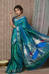 Chandrakor: Handloom Pure Silk Paithani Saree with Traditional Peacock Pallu ~ Cresent Blue (Available in Peacock Buttis) (Shipping in 15 days) - verymuchindian.com