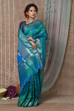 Chandrakor: Handloom Pure Silk Paithani Saree with Traditional Peacock Pallu ~ Cresent Blue (Available in Peacock Buttis) (Shipping in 15 days) - verymuchindian.com