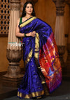 Chandrakor: Handloom Pure Silk Paithani Saree with Traditional Peacock Pallu ~ Royal Blue - verymuchindian.com