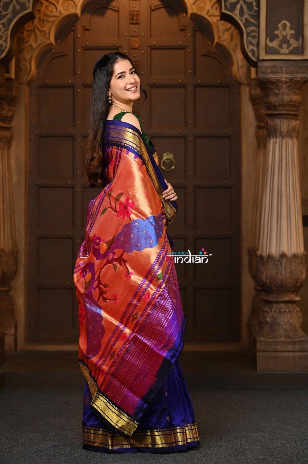 Chandrakor: Handloom Pure Silk Paithani Saree with Traditional Peacock Pallu ~ Royal Blue - verymuchindian.com