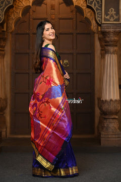 Chandrakor: Handloom Pure Silk Paithani Saree with Traditional Peacock Pallu ~ Royal Blue - verymuchindian.com