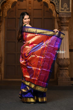 Chandrakor: Handloom Pure Silk Paithani Saree with Traditional Peacock Pallu ~ Royal Blue - verymuchindian.com