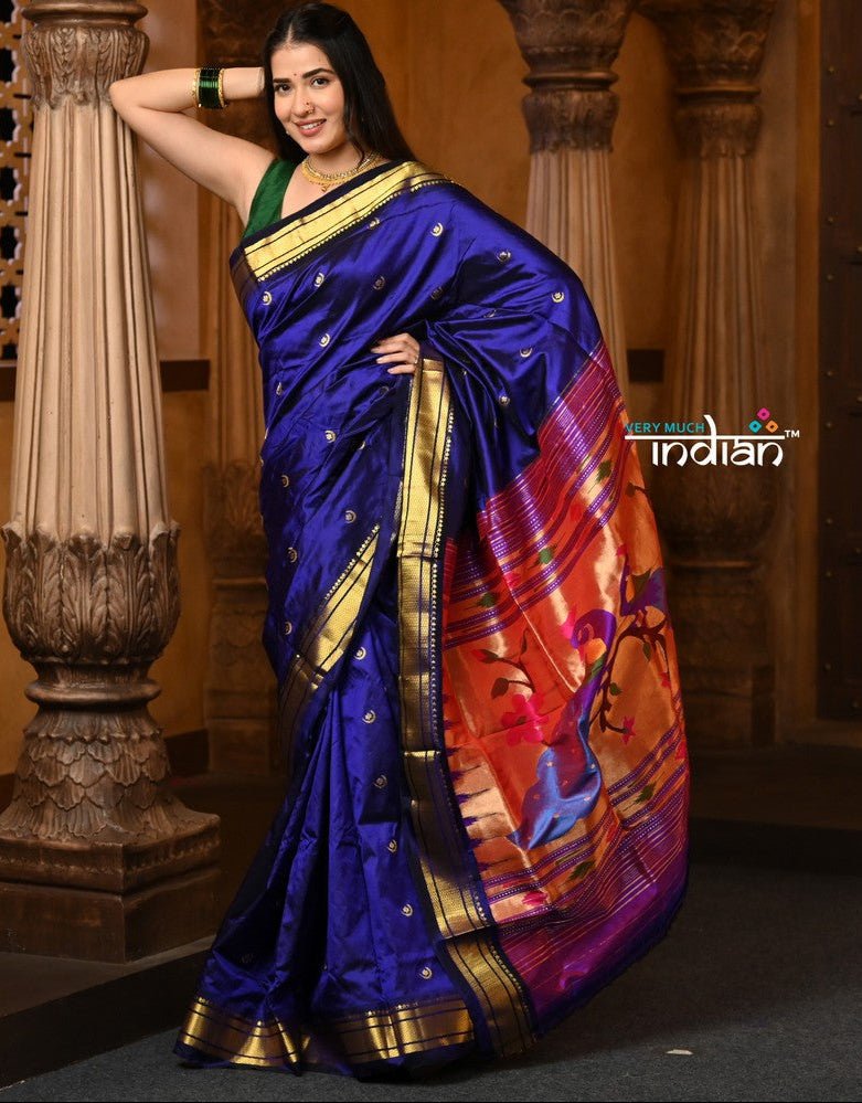 Chandrakor: Handloom Pure Silk Paithani Saree with Traditional Peacock Pallu ~ Royal Blue - verymuchindian.com