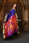 Chandrakor: Handloom Pure Silk Paithani Saree with Traditional Peacock Pallu ~ Royal Blue - verymuchindian.com
