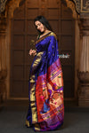 Chandrakor: Handloom Pure Silk Paithani Saree with Traditional Peacock Pallu ~ Royal Blue - verymuchindian.com