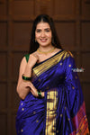 Chandrakor: Handloom Pure Silk Paithani Saree with Traditional Peacock Pallu ~ Royal Blue - verymuchindian.com