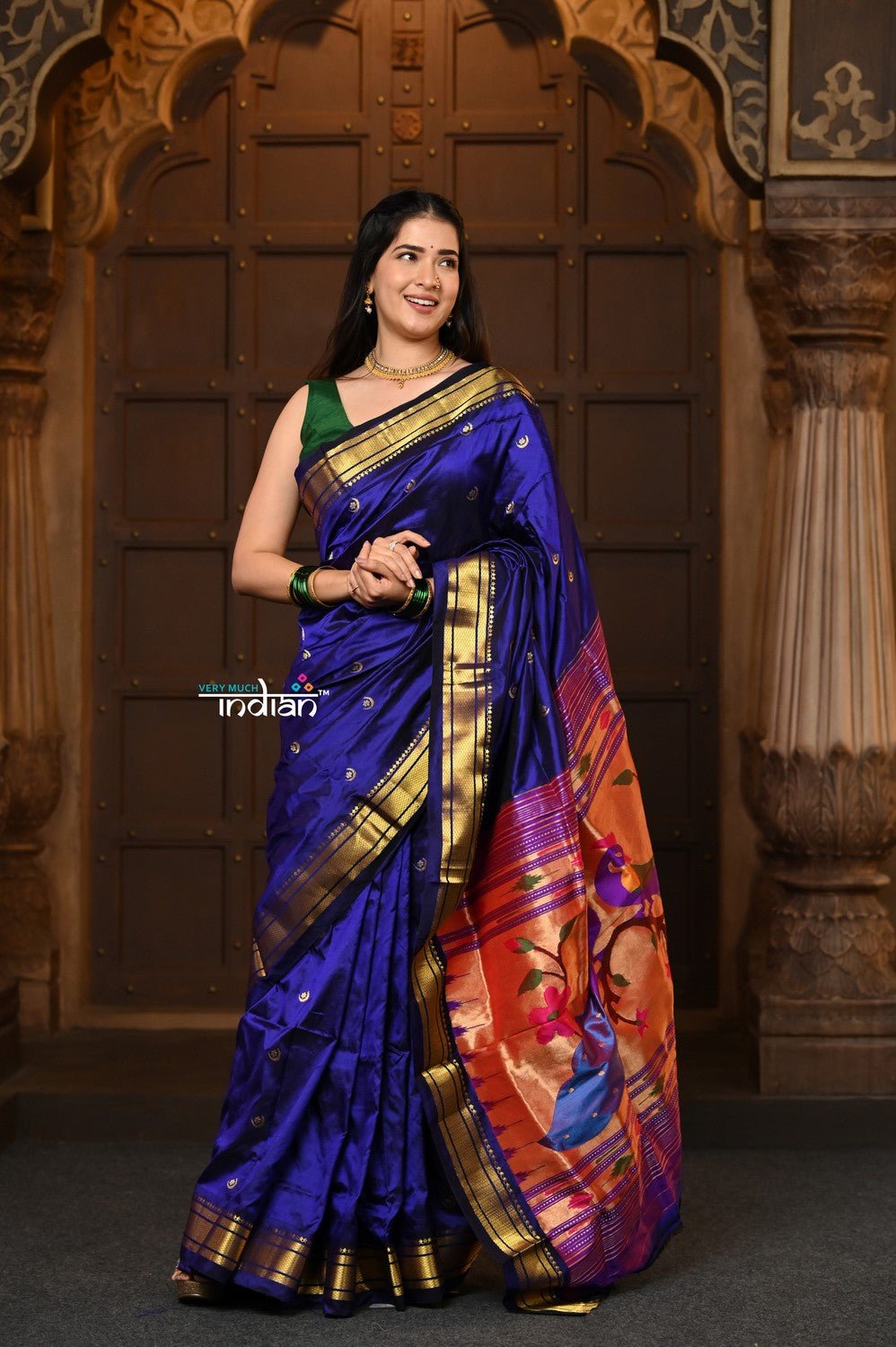 Chandrakor: Handloom Pure Silk Paithani Saree with Traditional Peacock Pallu ~ Royal Blue - verymuchindian.com