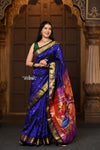 Chandrakor: Handloom Pure Silk Paithani Saree with Traditional Peacock Pallu ~ Royal Blue - verymuchindian.com
