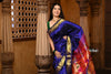 Chandrakor: Handloom Pure Silk Paithani Saree with Traditional Peacock Pallu ~ Royal Blue - verymuchindian.com