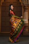 Chandrakor Parampara Revival ~ Handloom Pure Silk Maharani Paithani with Majestic Maharani Pallu in Dual Tone Green Red - verymuchindian.com