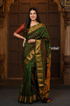 Chandrakor Parampara Revival ~ Handloom Pure Silk Maharani Paithani with Majestic Maharani Pallu in Dual Tone Green Red - verymuchindian.com
