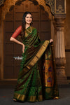 Chandrakor Parampara Revival ~ Handloom Pure Silk Maharani Paithani with Majestic Maharani Pallu in Dual Tone Green Red - verymuchindian.com