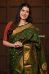 Chandrakor Parampara Revival ~ Handloom Pure Silk Maharani Paithani with Majestic Maharani Pallu in Dual Tone Green Red - verymuchindian.com